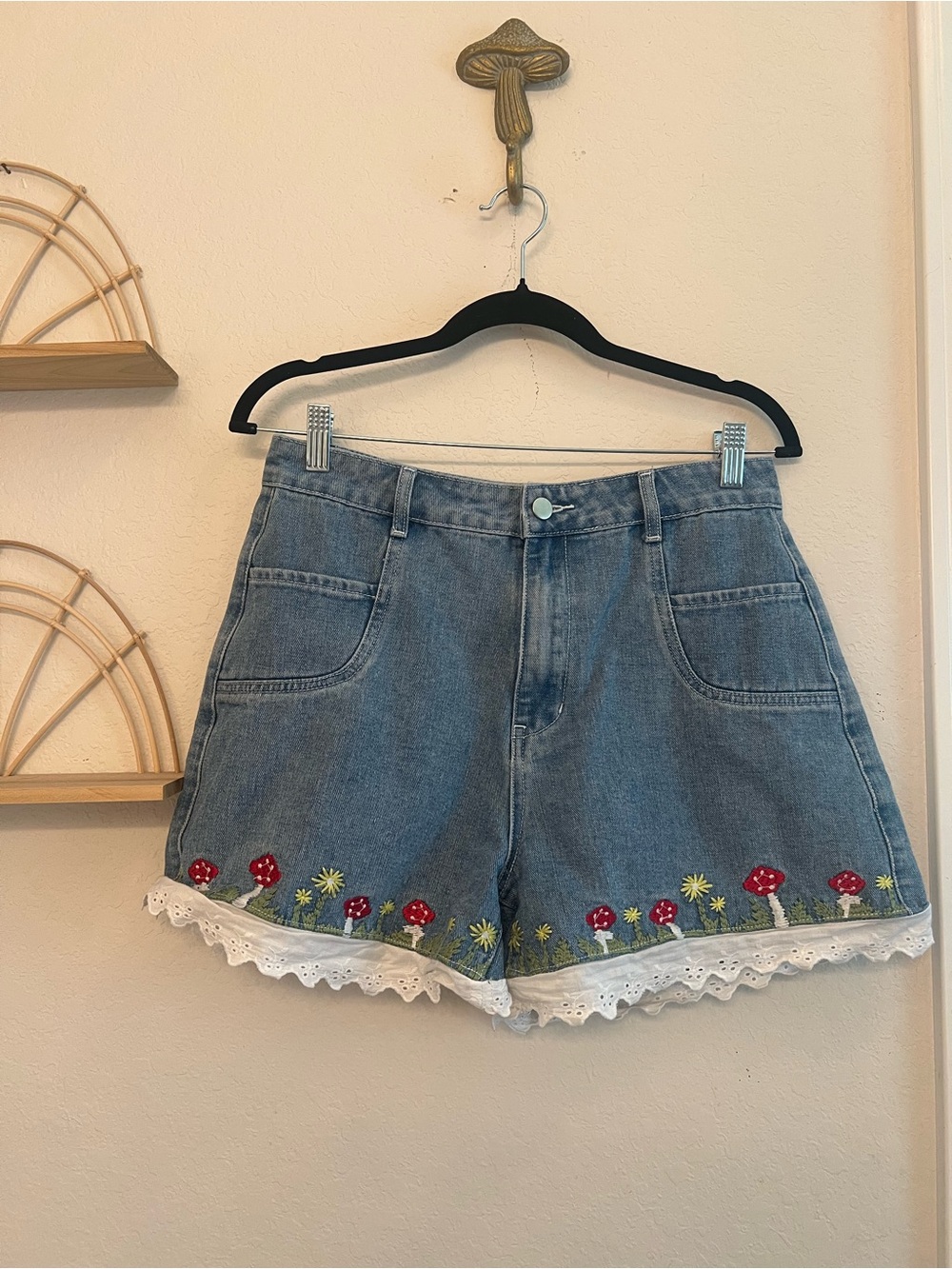 Cider Blue Denim Shorts with Red Mushroom & Yellow Daisy Embroidery